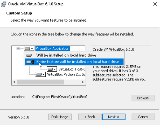 Figure 3: VirtualBox feature selection